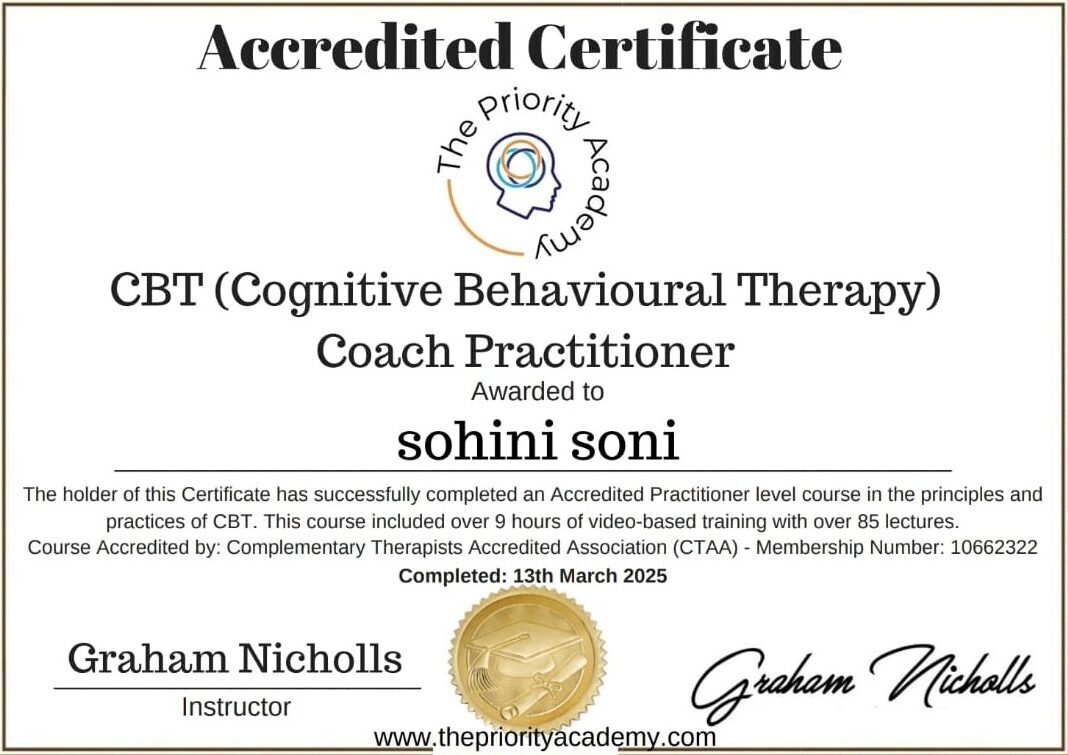 CBT Certificate validates skills in using Cognitive Behavioral Therapy techniques to treat mental health issues.